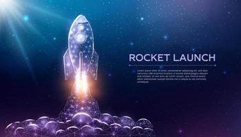 Rocket launch, wireframe polygonal style. Internet technology network, business startup concept with glowing low poly rocket. Futuristic modern abstract background. Vector illustration.