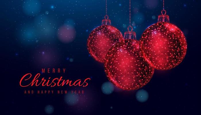 Wireframe Christmas balls, low poly style. Merry Christmas and New Year banner. Abstract modern 3d vector illustration on blue background.