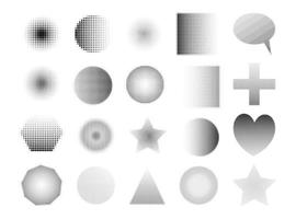 Black halftone shapes set. Round, square, triangular, star-shaped elements from dots for graphic design. Isolated on white background. Vector illustration.