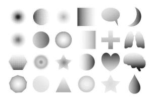 Black halftone shapes set. Round, square, triangular, star-shaped elements from dots for graphic design. Isolated on white background. Vector illustration.