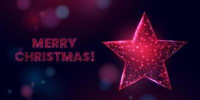 Merry Christmas  low poly banner. Polygonal wireframe mesh illustration with red star. Abstract modern 3d vector illustration on black background.