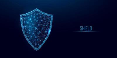 Guard shield. Cyber security concept with glowing low poly shield on dark blue background. Wireframe low poly design. Abstract futuristic vector illustration.