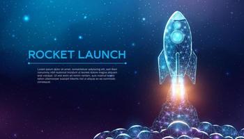 Rocket launch, wireframe polygonal style. Internet technology network, business startup concept with glowing low poly rocket. Futuristic modern abstract background. Vector illustration.