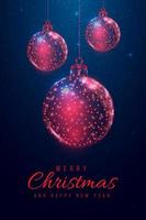 Wireframe Christmas balls, low poly style. Merry Christmas and New Year banner. Abstract modern 3d vector illustration on blue background.