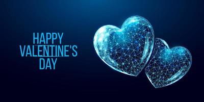 Happy Valentine's day banner. Wireframe heart in low poly style.   Abstract modern 3d vector illustration on dark blue background.