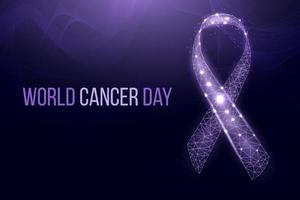 World cancer day concept. Banner with glowing low poly purple ribbon awareness. Futuristic modern abstract background. Vector illustration.