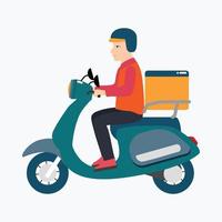 un repartidor montando un vector de bicicleta. repartidor con un diseño de vector de scooter. concepto de entrega de pedidos en línea. diseño plano del concepto de servicio de entrega de alimentos o compras. ilustración de personaje plano.