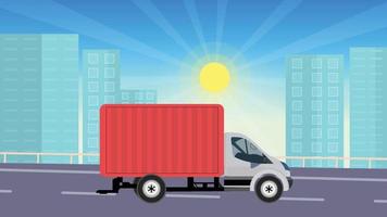 A delivery truck on the urban road flat design. Home delivery service concept with a delivery van. Online order concept with tall buildings and shiny sun. Delivery van on a highway flat illustration. vector