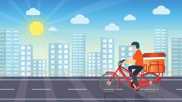 A delivery man riding a bicycle on the urban road. Home delivery service concept with urban buildings and sun. Online food or shopping order concept. Delivery man flat illustration vector. vector