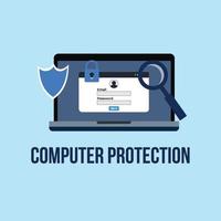 Computer protection and security concept vector. Laptop virus scan and information security illustration. Magnifying glass searching for computer virus and protective shield. Spam login security. vector