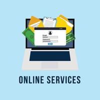 Online services on a computer with a credit card, email, and information vector. Online money transfer and payment service concept. Document and information protection service on a laptop. vector