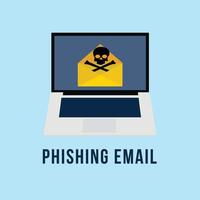 Phishing email with a skull sign vector. Computer hacker spam mail. Password login with a phishing email. Online scam mail on a laptop. Danger sign inside a mail envelope. Virus threat notification. vector
