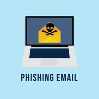 Phishing email with a skull sign vector. Computer hacker spam mail. Password login with a phishing email. Online scam mail on a laptop. Danger sign inside a mail envelope. Virus threat notification. vector
