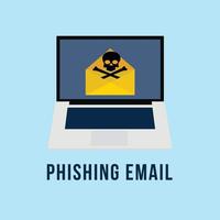 correo electrónico de phishing con un vector de signo de cráneo. correo no deseado de piratas informáticos. contraseña de inicio de sesión con un correo electrónico de phishing. correo de estafa en línea en una computadora portátil. señal de peligro dentro de un sobre de correo. notificación de amenaza de virus.