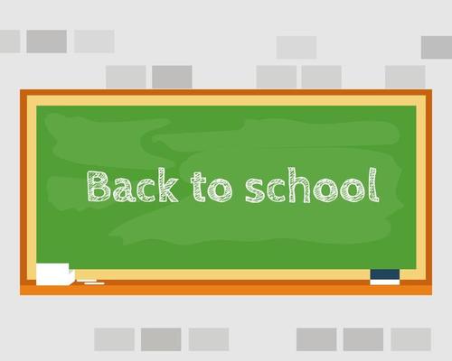 Back to school concept. There are green chalk board on brick wall with Back to school text. Cartoon vector style for your design.