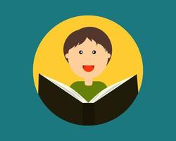 A happy boy is reading a book with his smile. Cartoon vector style for your design