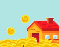 Many golden coins in the house. Saving up for a house, savings on housing. Cute cartoon vector for your design