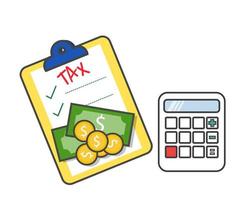 top view of Calculator with money coins and paper TAX word on it. Cartoon vector style for your design