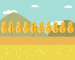 Autumn view concept. There are many orange or yellow tree, hills, cloud with blue sky. Cute vector style for your design.