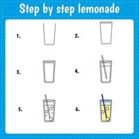 Step by step drawing. Lemonade. Educational worksheet vector