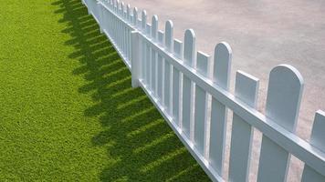 Wide angle and diagonal view of white wooden picket with green artificial turf in front yard area photo