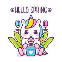 lindo unicornio feliz con una maceta de flores vector