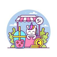 cute unicorn selling bubble tea illustration vector