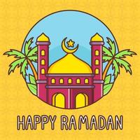 cute happy ramadan illustration with mosque and palm tree vector