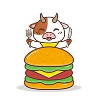 cute cow with a big burger vector