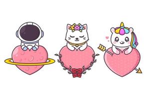 group of cute character with huge heart vector