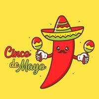 cute chilli wearing sombrero with maracas vector