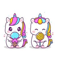 cute happy unicorn eating lolipop and ice cream vector