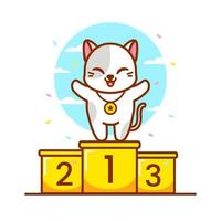 lindo gato en podio con medalla de oro vector