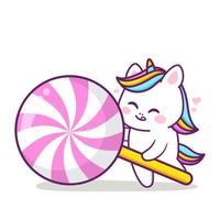 cute happy unicorn with big lollipop vector