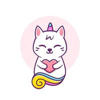 cute cat unicorn hugging a heart vector