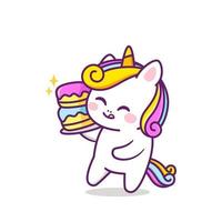 lindo unicornio feliz con pastel vector