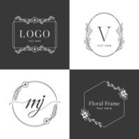 floral frame logo template in black and white vector