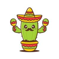 cute cactus waring sombrero with maracas vector