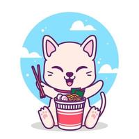 cute cat eating a cup of noodle vector
