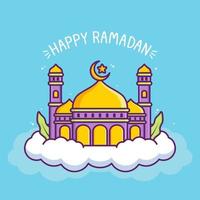 cute happy ramadan illustration with mosque in the cloud vector