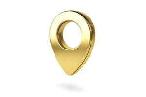 Gold map pointer 3d pin. Location symbol isolated on white background. Web location point, pointer. 3D rendering. photo