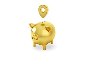 Gold piggy bank with gold map pointer 3d pin. Location symbol isolated on white background. 3D rendering. photo