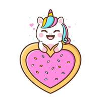 lindo unicornio con corazón en forma de dona rosa vector