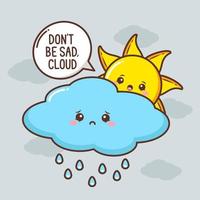 lindo sol con lindo personaje de nube triste vector