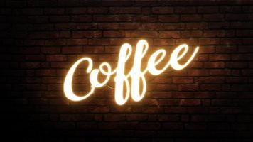Coffee neon sign emblem in neon style on brick wall background photo