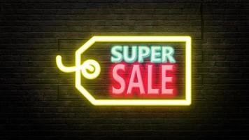 SUPER SALE sign emblem in neon style on brick wall background photo