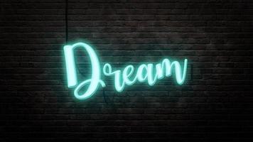 dream neon sign emblem in neon style on brick wall background photo