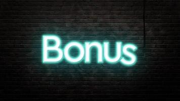 bonus neon sign emblem in neon style on brick wall background photo