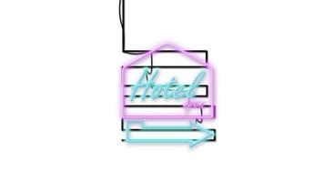 hotel sign emblem in neon style on white background photo