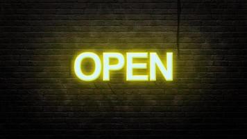 open neon sign emblem in neon style on brick wall background photo